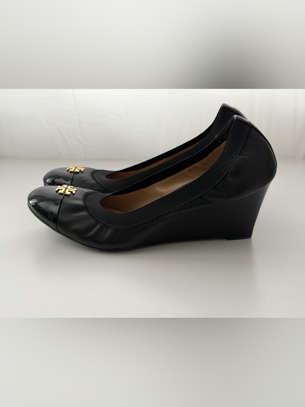 Tory Burch Black Leather Cap-Toe Wedge Heels - Picture 3 of 7